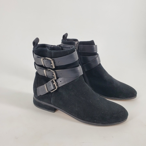 Raye Triple Leather Buckle Black Suede Booties 37 - Picture 1 of 10